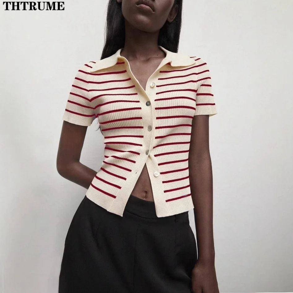 Spring Polo Collar Slim Cardigan Top Fashion Women Short Sleeve Single Breasted Striped Knit Sweaters Coats Casual Cardigans 241225