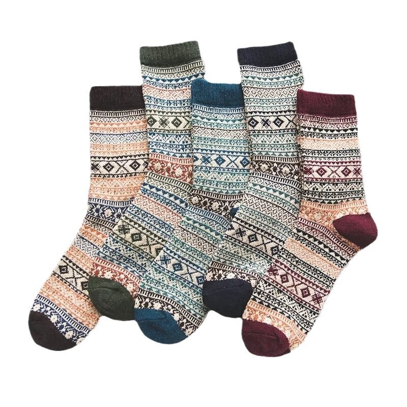 Ethnic Style Mid Length Autumn Winter Warm Woolen Socks Men S Solid Color Looped And Thick Thread Long