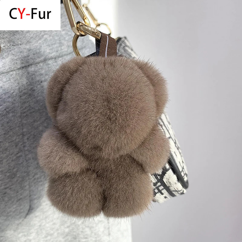 Women Bag Charm Trinkets Car Metal Key Rings Rear View Mirror Ornaments Cute Real Mink Fur Keychain Plush Panda Pendant Kids Toy 241226