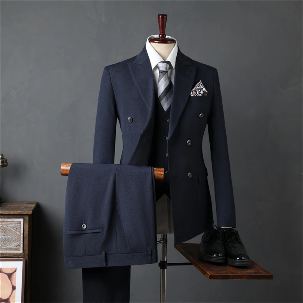 Mens Double Breasted Formal Suit Set Jacket Vest Pant Slim Fitting Office Business Tuxedo Autumn Winter 241223