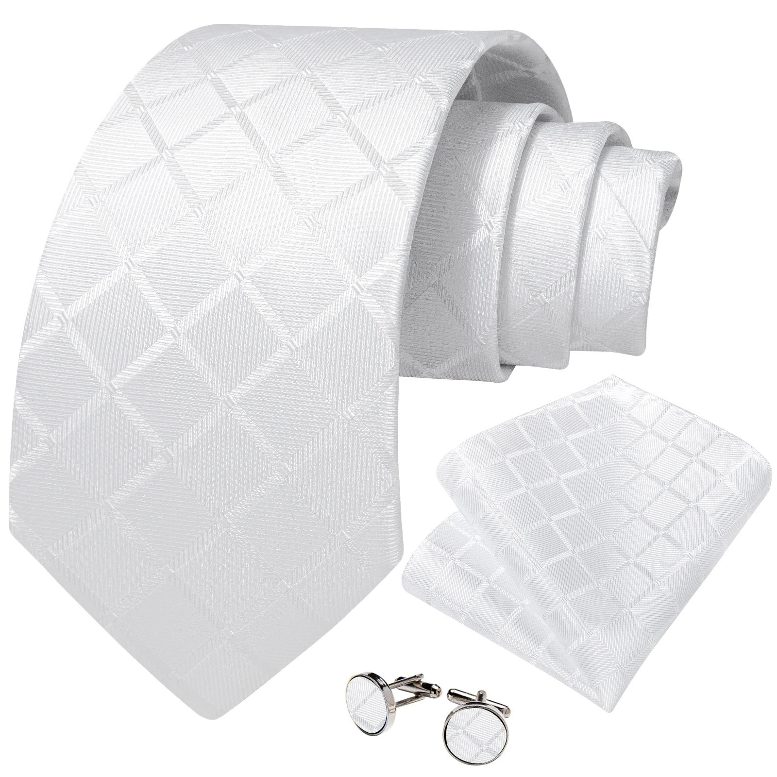 White Mens 8cm Tie Set Plaid Solid Business Formal Suits Accessories Neck Tie Set Handkerchief Cufflinks Groom Gift for Men 241225