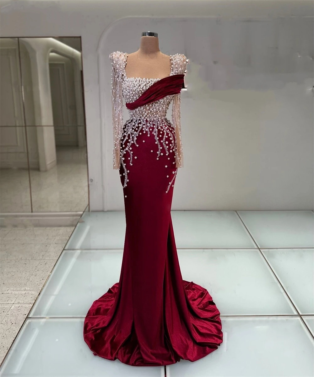 Designer Evening Dresses For Women Square Neck Long Sleeves Gown Sequins Pearls Beaded Customized Dress Party
