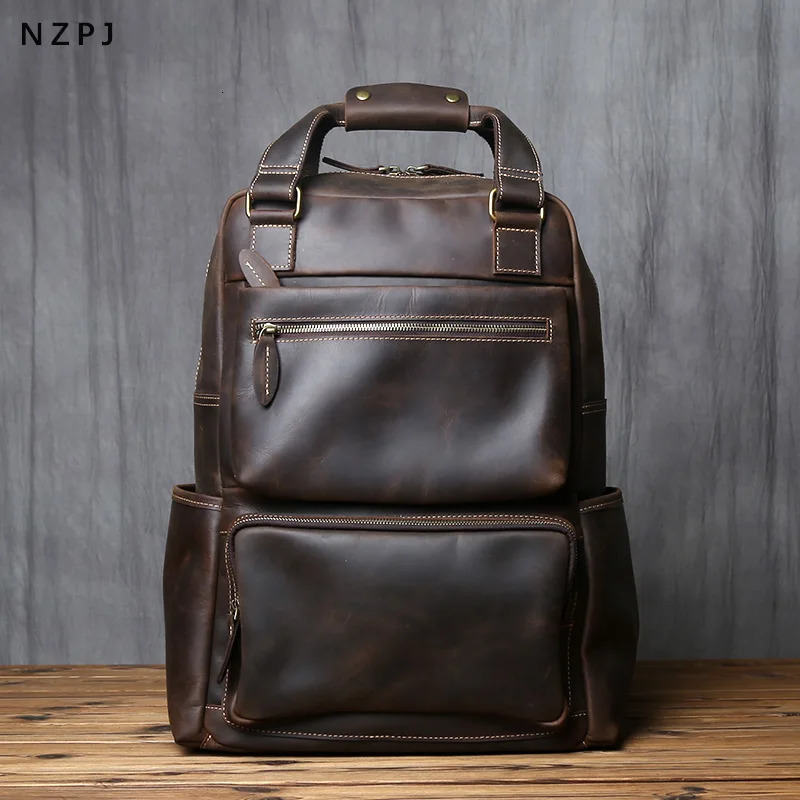 Retro Leather Mens Backpack Top Layer Leather Large Capacity Computer Backpack Crazy Horse Leather Leisure Travel Men Bag NZPJ 241225