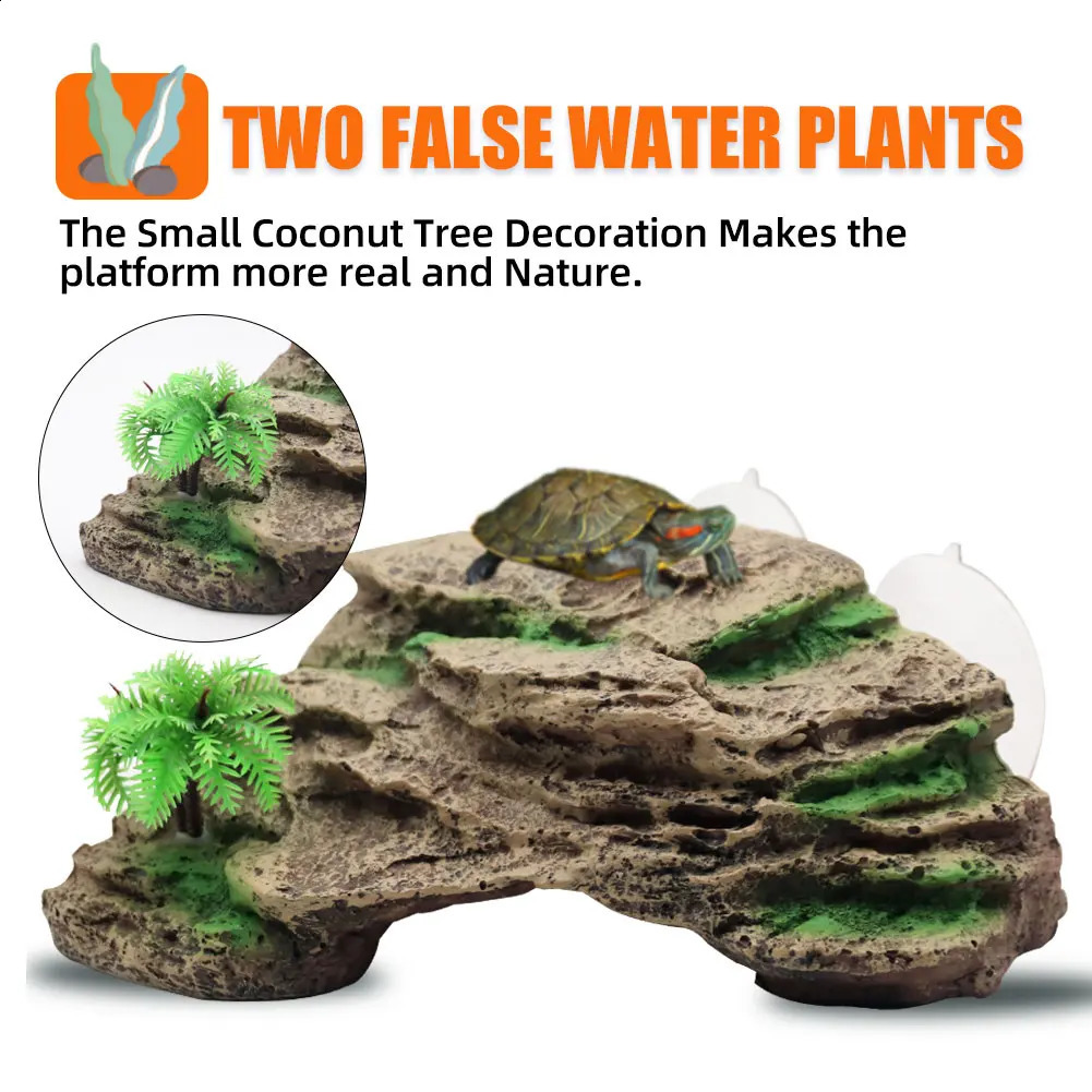 Turtle Basking Platform Terrace with Suction Cups Reptile Resin Aquarium Decor Fish Tank Decoration Rock with Plastic Plant 241225