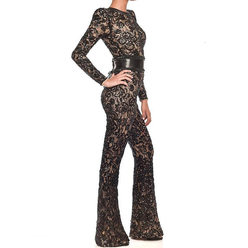 Fashion Women O Neck Lace Slim Jumpsuits Spring Summer Floral Embroidery Long Sleeved Playsuit Sexy Bodycon High Waist Rompers 241225