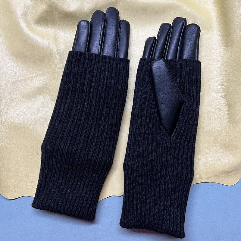 Leather Gloves Warm Knitted Panels Sheepskin Gloves Ladys Autumn Winter Single Leather Gloves Knitted Sleeves Light Brown 241226