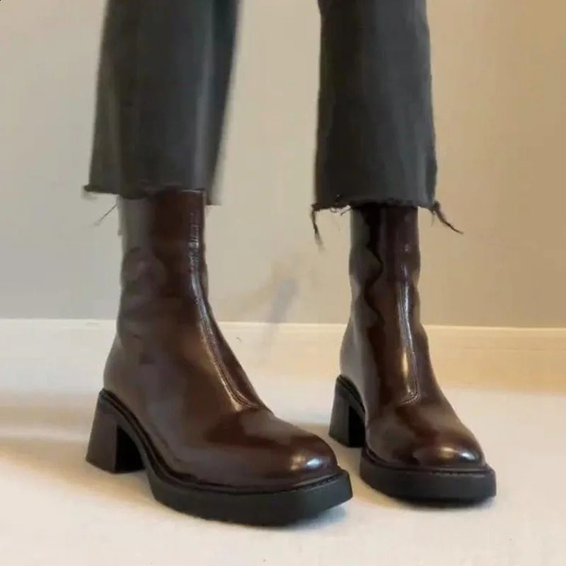 Black Omens Shoes Genuine Leather Womens Boots Thick Soled Coarse Boots Womens Solid Color Womens Shoes High Heel Boots 241226