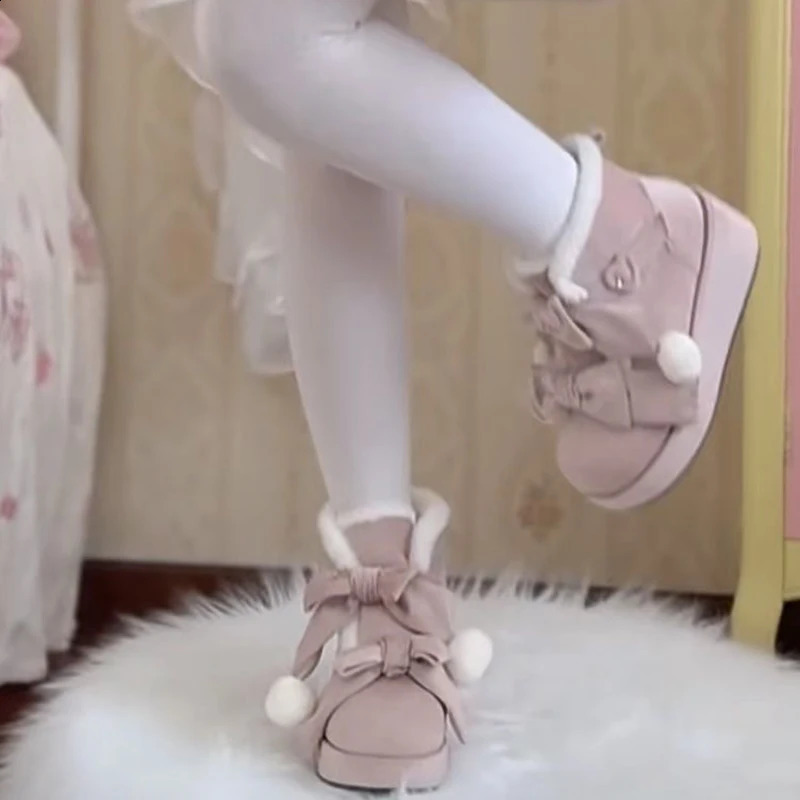 Lovely Girls Lolita Winter Ankle Snow BootsPlush Warm Hairball Bowknots Wedge Heel Heightening Platform Shoes241226