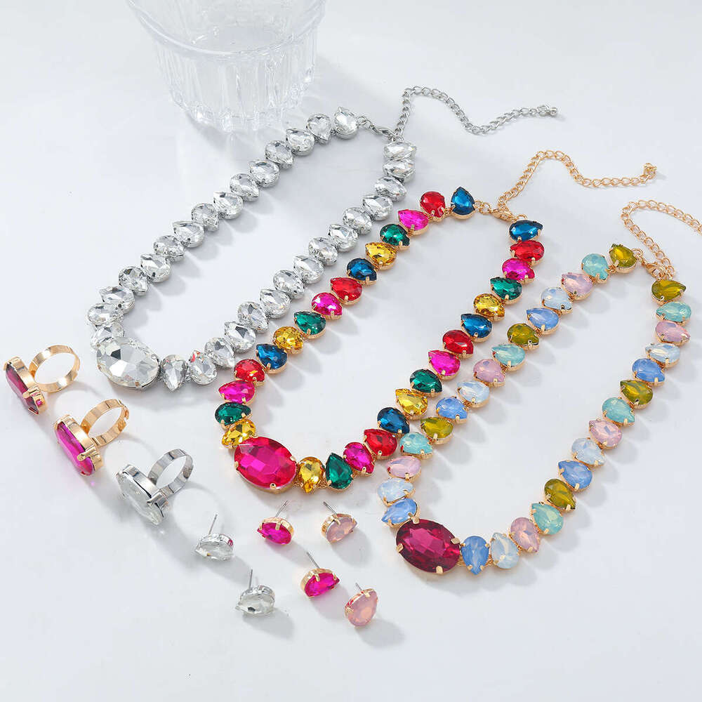 Colorful necklaces, earrings, rings, women's three piece set, trendy rhie inlaid jewelry