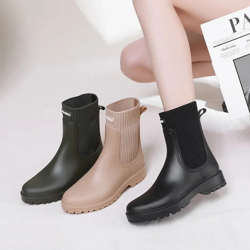 Rain Boots Womens Waterproof Shoes Rainy Ladies Pink Fur Rubber Rainshoes Woman Galoshes Non-slip Pull-on Rain Boots 241226
