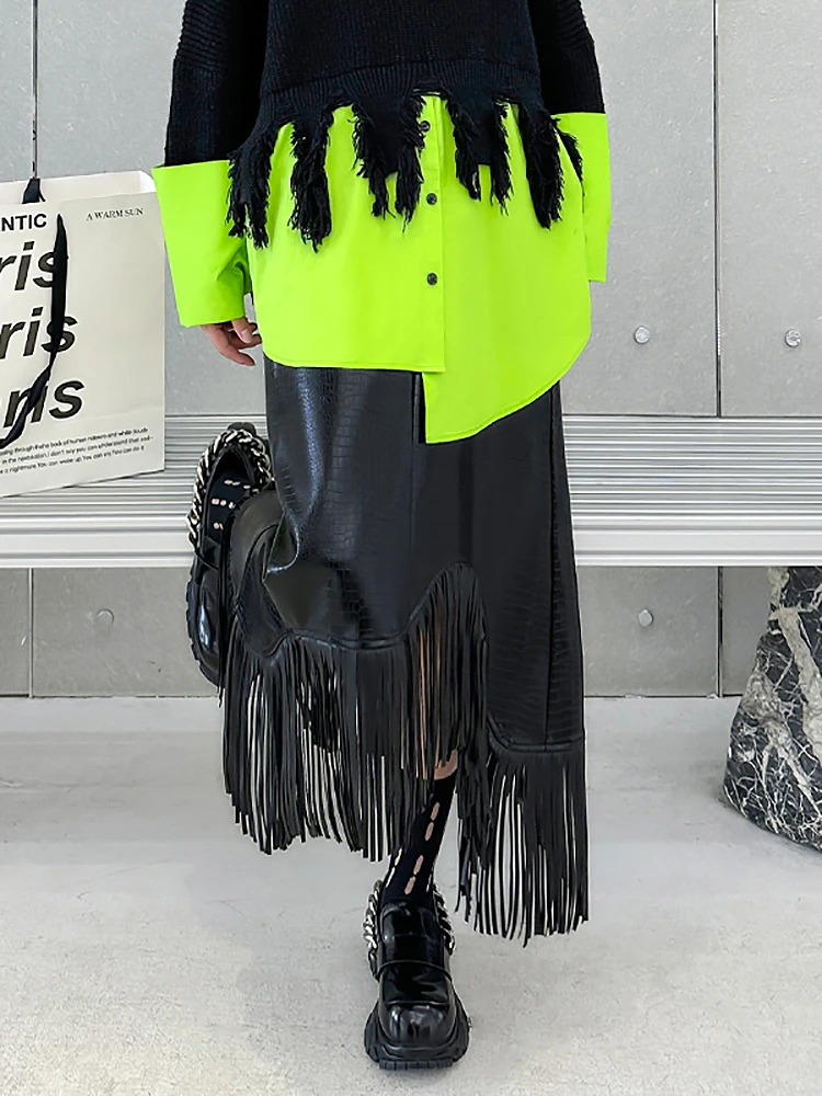 EWQ Elastic Waist Fringe Skirt Black Trendy Womens Clothing Elegant High Aline leather Skirts Y2k 2025 summer GZ23 241223