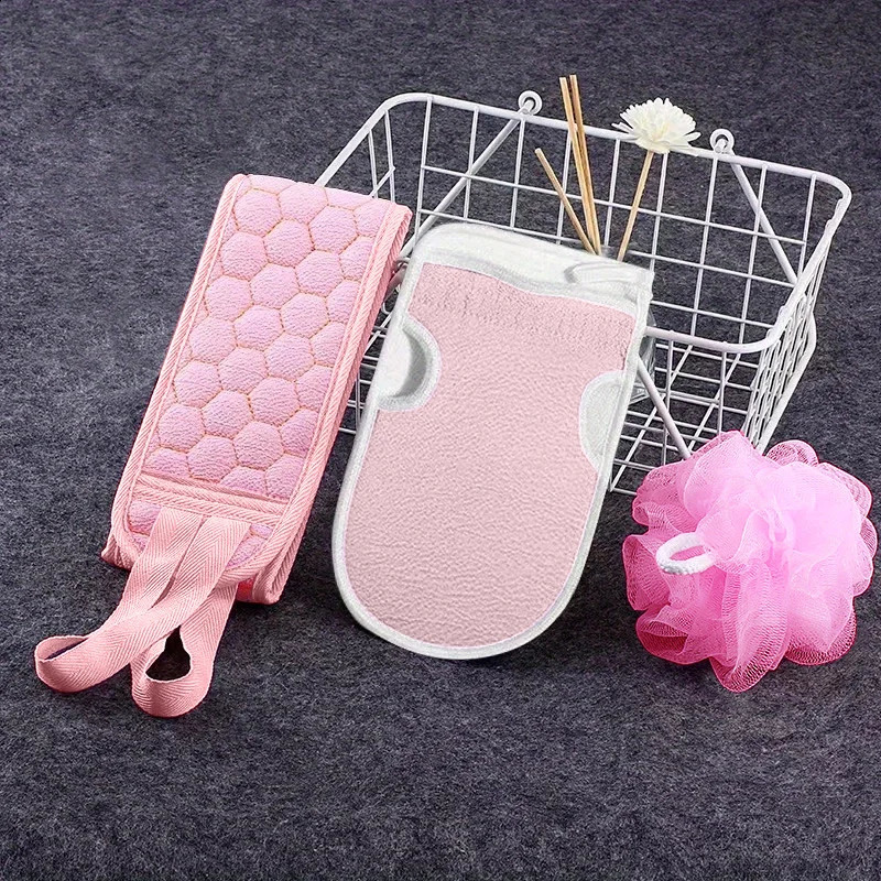 3pcs Exfoliating Bath Towel Set Exfoliating Gloves Bath Flower Back Scrubber Bath Shower Loofah Sponge Bathroom Accessories 241226