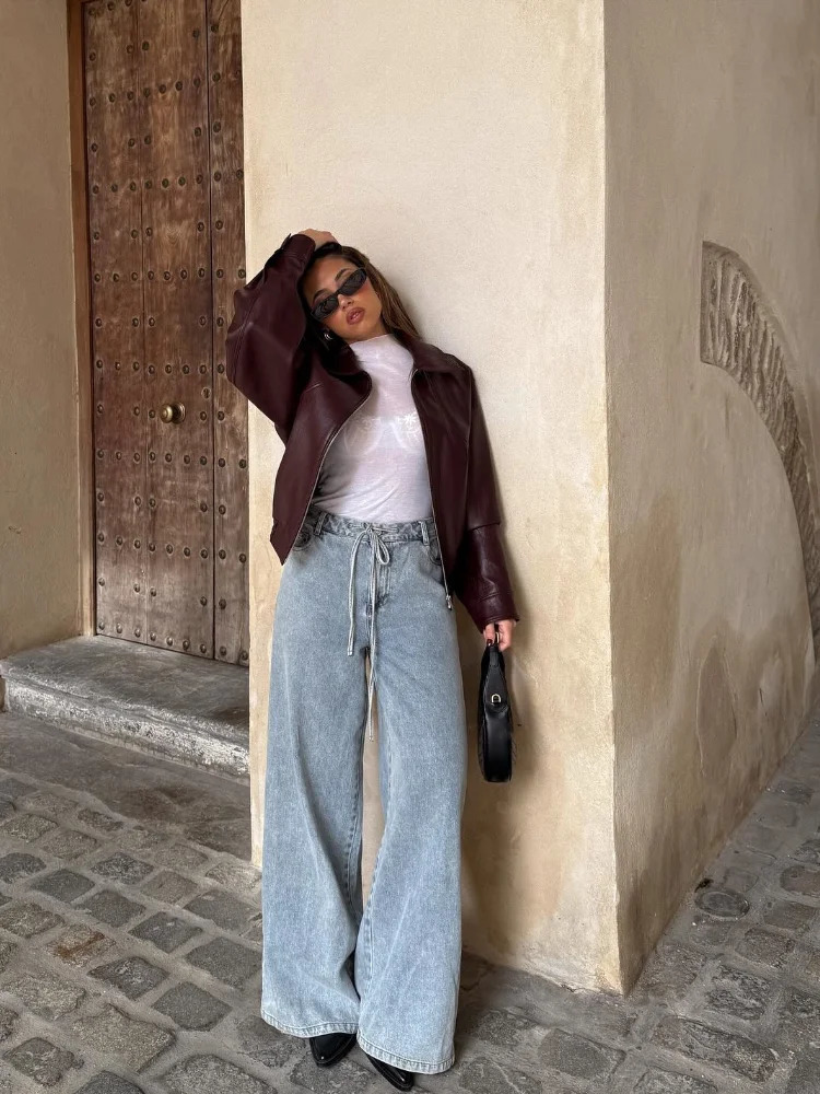 Fashion Solid Pu Leather Womens Warm Jacket Elegant Long Sleeves Zipper Crop Coats Autumn Female 241223