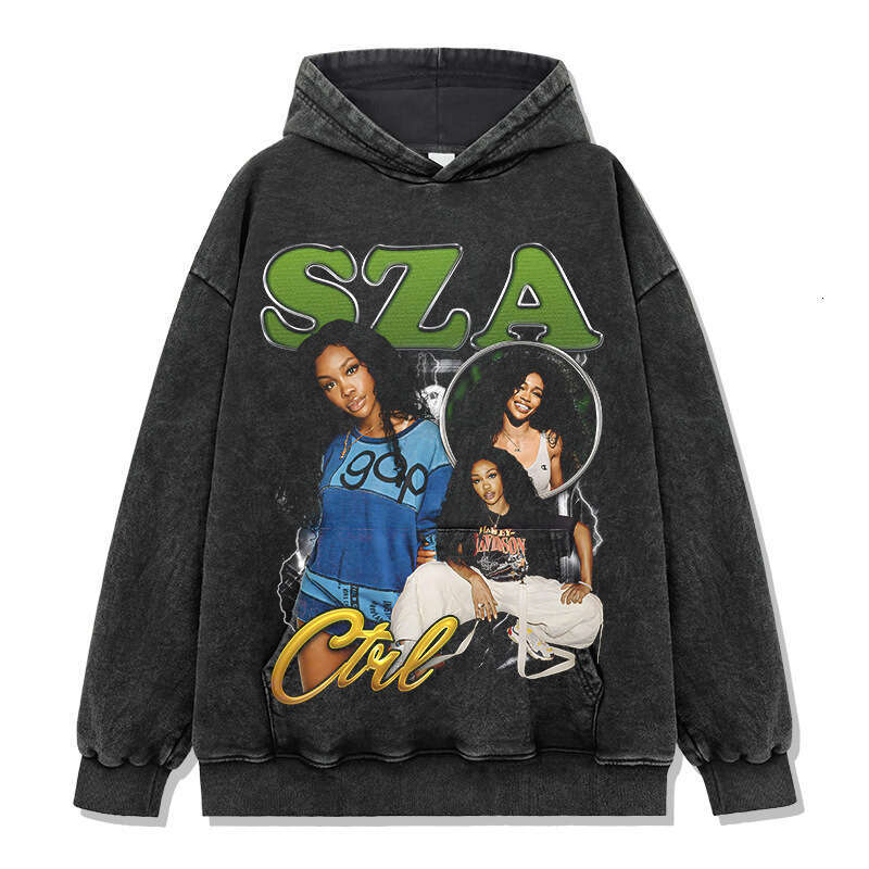 American style new Shisha SZA printed short sleeved T-shirt, washed and worn pure cotton round neck hooded sweatshirt