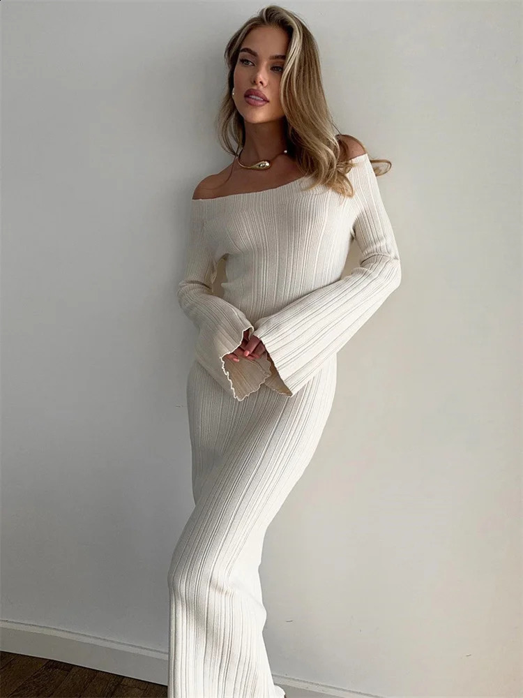 Tossy Autumn Backless Elegant Long Dress For Women High Waist Ribbed Slim Long Sleeve Off-Shoulder Party Dress Female Clothes 241224