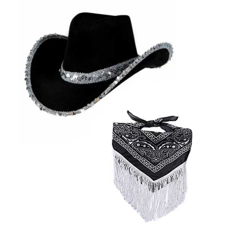 Cowboy hat and scarf for girl Fancy Dr Party sun hat glitter Western dance C performance costume cosplay props W241225