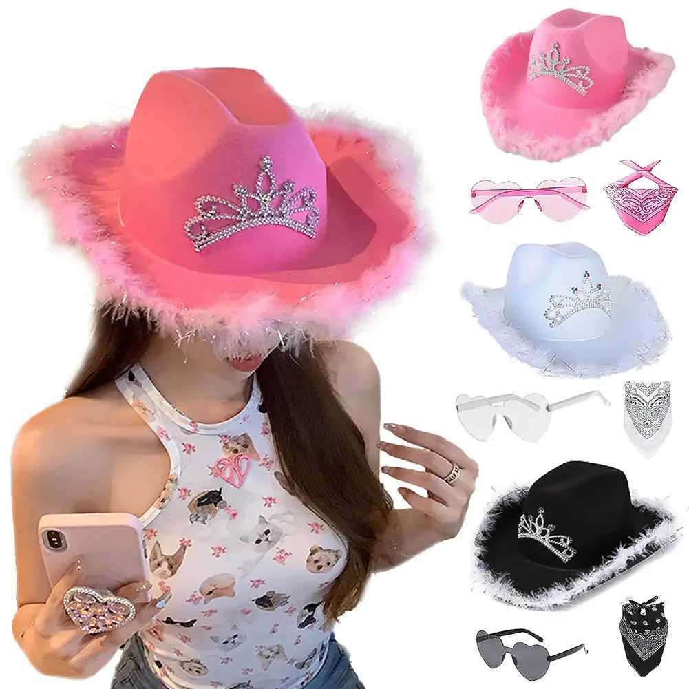 Pink Headpiece Western Cowboy Hat Set Womens Girls Curly Hair Fedora Cs Feather Edge Beach Cowboy Hat Shining Western Party C W241225