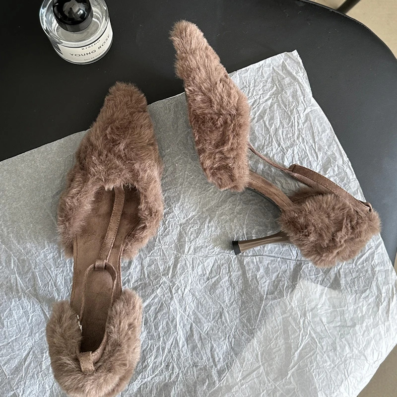Eilyken Fashion Designer Corduroy Women Pumps Pointed Toe Snadals Elegant Thin Heels Buckle Strap Hollow Stripper Shoes