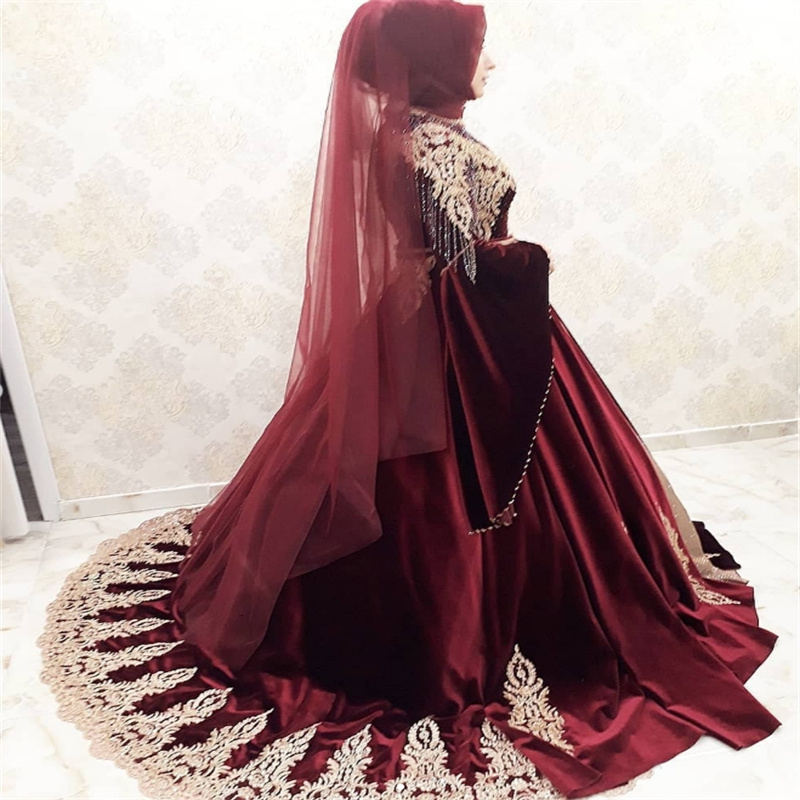 Luxury Burgundy Moroccan kaftan Evening Dress Islamic Turkish Arabic Beaded Prom Dress Appliques Lace Formal Ceremony Arabian Abaya Special Occasion P