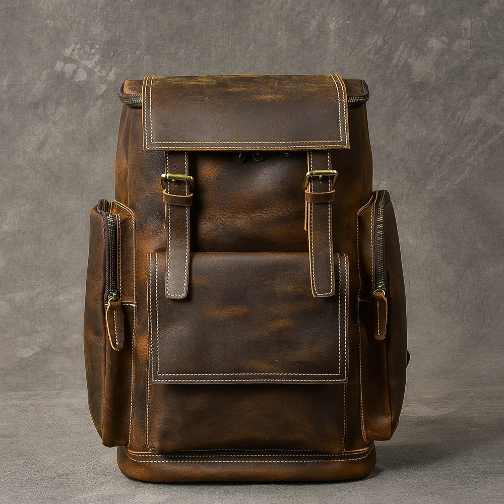 Vintage Crazy Horse Genuine Leather Backpack Men Leather Bagpack Climbing Rucksack male Large Hiking Backpack M814 241225