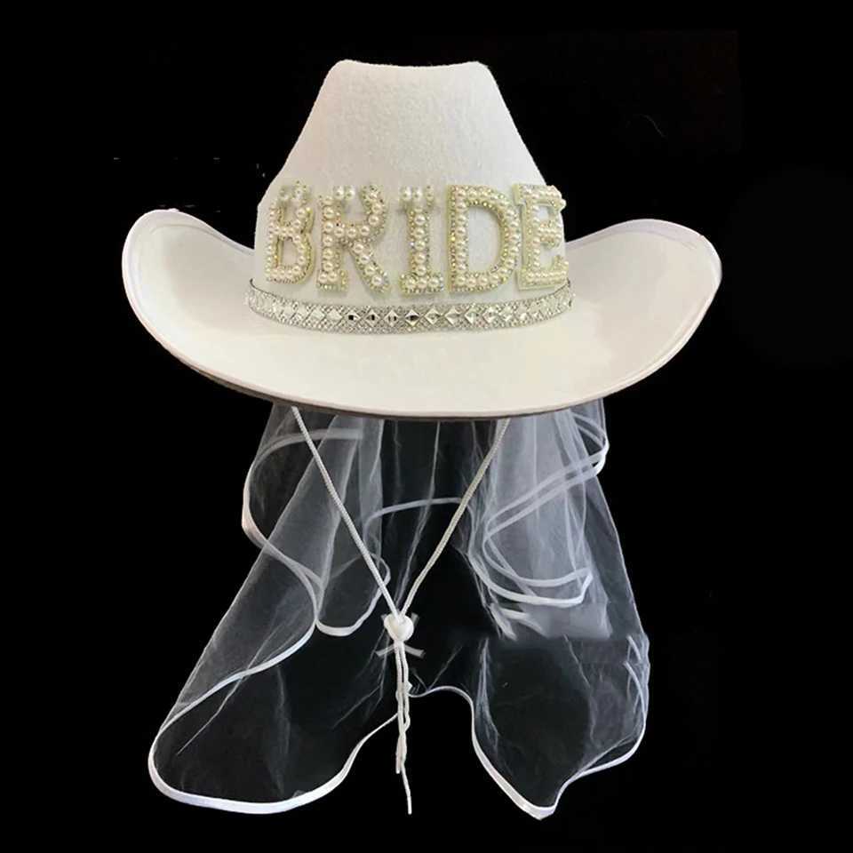 Bridal Pearl Veil Cowboy Hat Country West Space Disco Bridal Cowboy Girl C Wedding Singles Party Shower Decoration Gift W241225