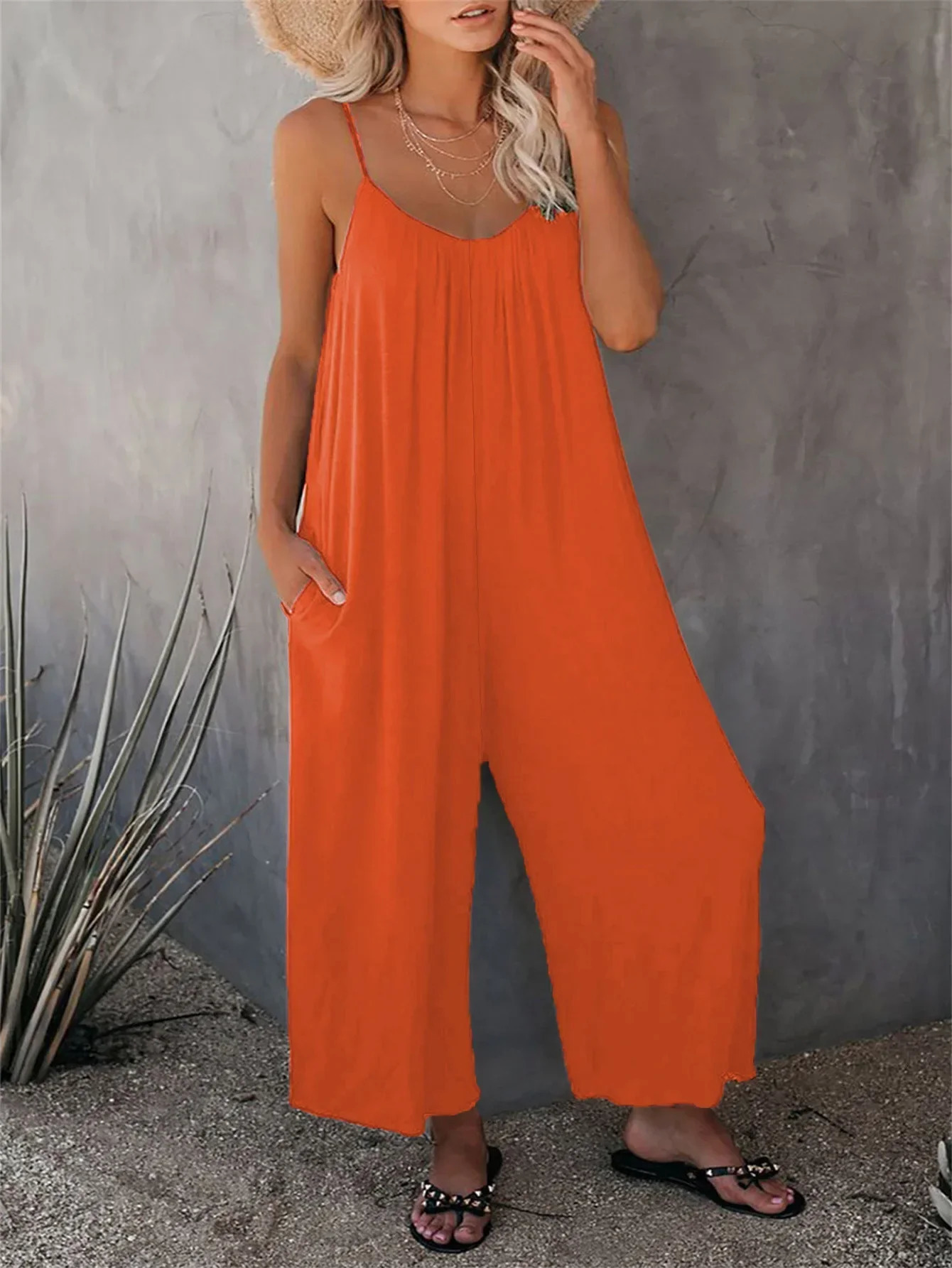 Boho Chic Ruched Jumpsuit with Adjustable Spaghetti Straps Flowy Wide Leg Sleeveless n Perfect Casual Summer Wear for Women 241224