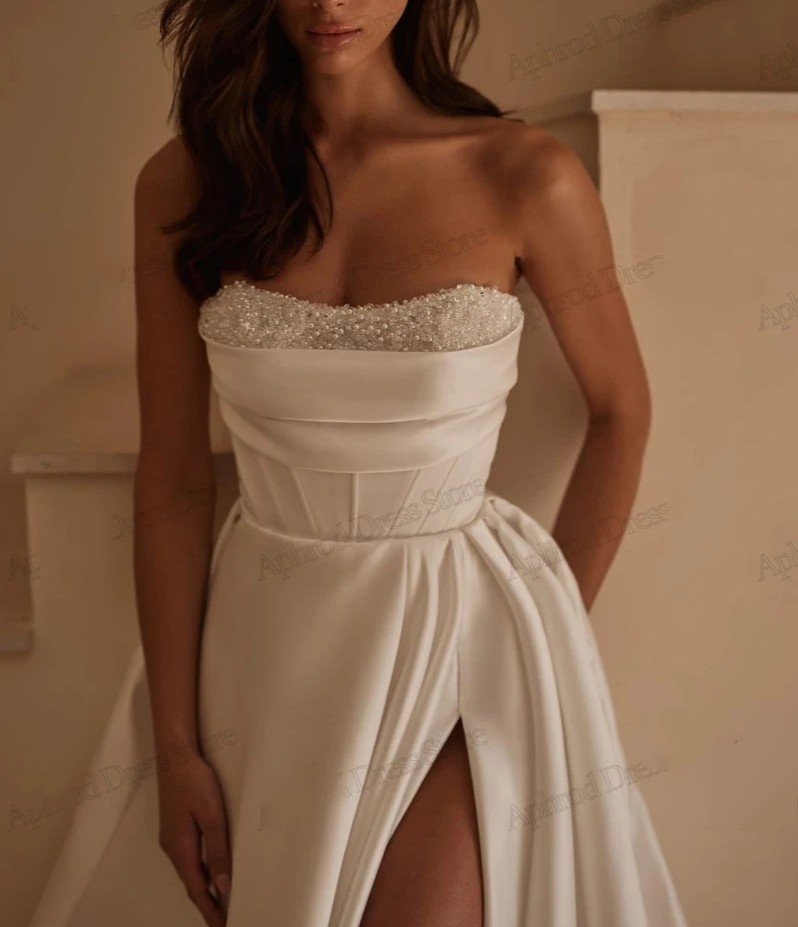 Wedding Modern Bride Dresses A E Strapless Satin Pleat Bridal Gowns Sequin Pearls Appliques Sexy Robes High Slit Vestidos De Noiva ppliques