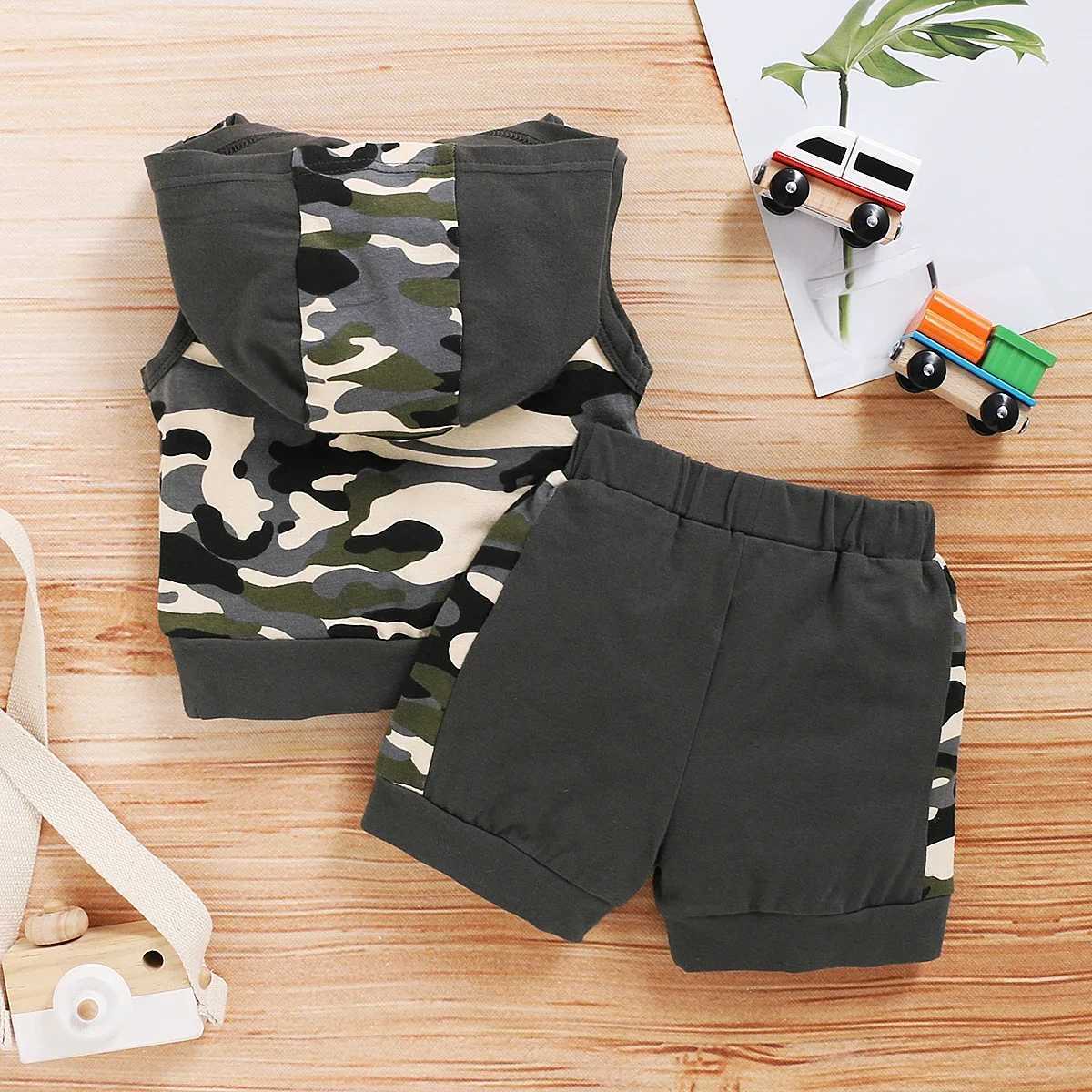 Clothing Sets Newborn Baby Boys 2PCS Clothing Set Camouflage Hooded Vest+Shorts Cool Infant Boy Summer Outfits for Infant Baby Boy 0-18 MonthsY2412254