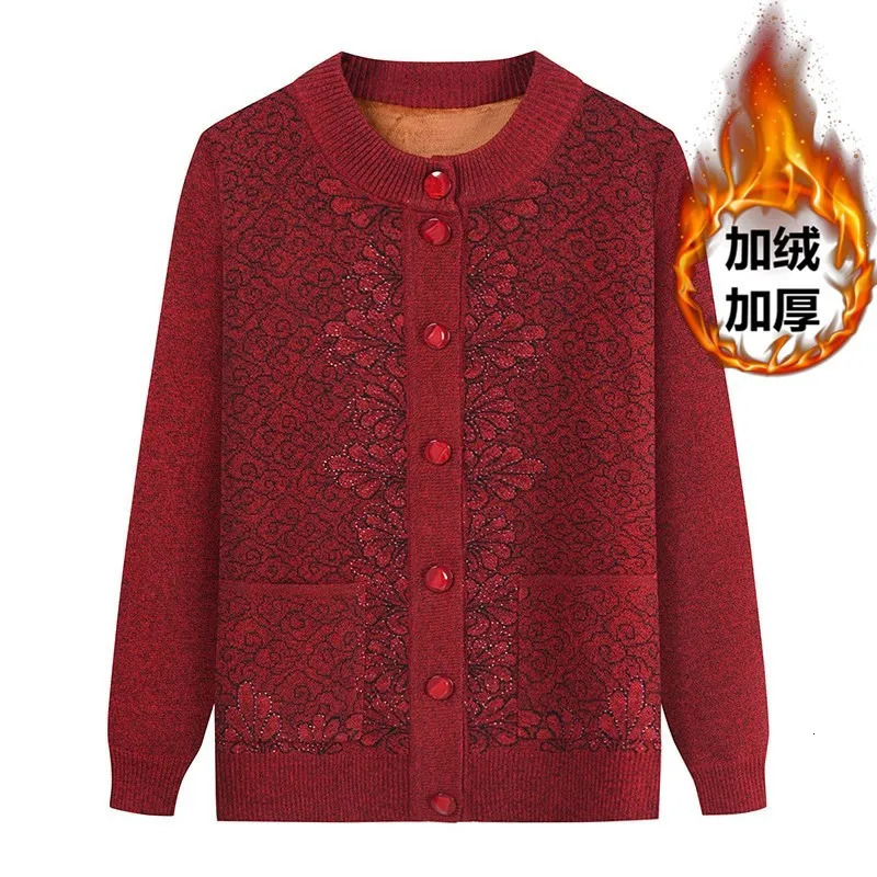 Winter Middle Aged Elderly Womens Clothing Grandma Cardigan Sweater Mother Plus Velvet Warm Knitted Coat Long Sleeve Top 241225