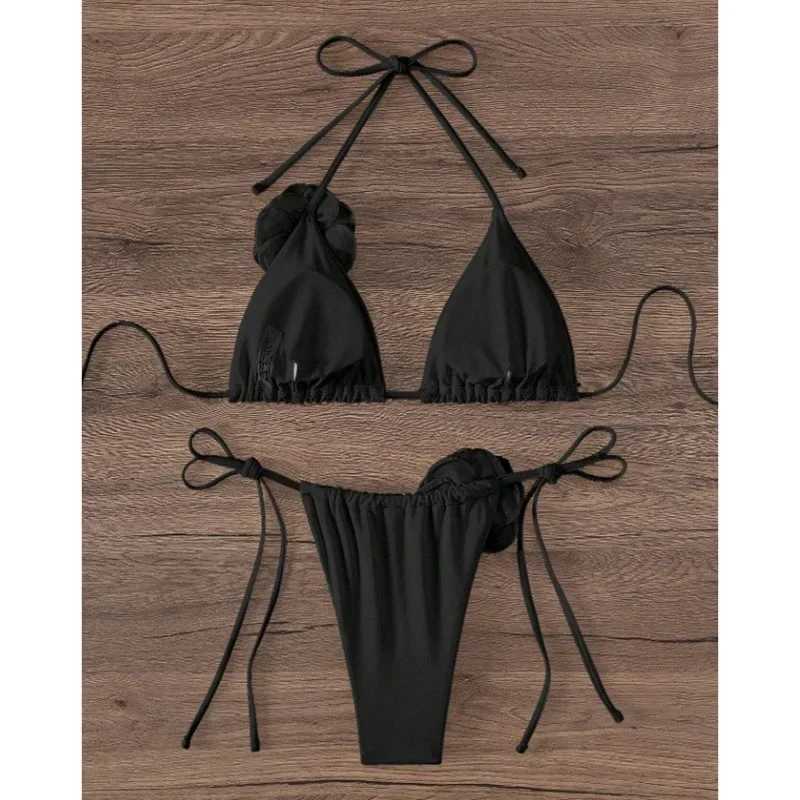 Summer womens solid color swimsuit sexy backless pure cotton swimsuit fashionable suspension split bikini setW241225