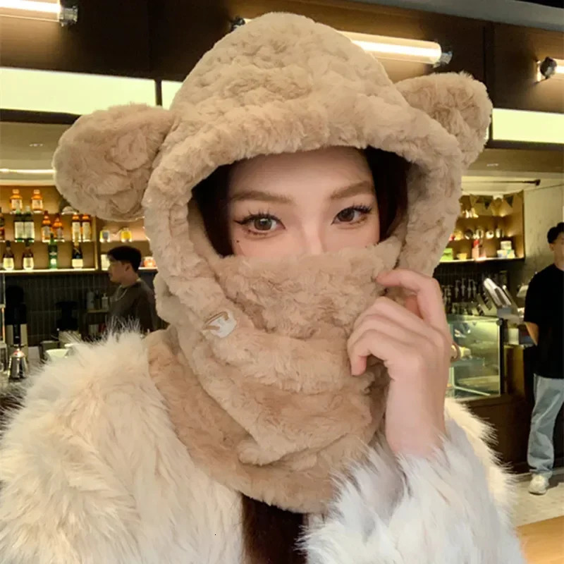Women Winter Warm Hat Scarf Sets Plush Thickened All-in-one Kawaii Bear Ear Beanie Windproof Scarf Hooded Ear Protection Cap 241225