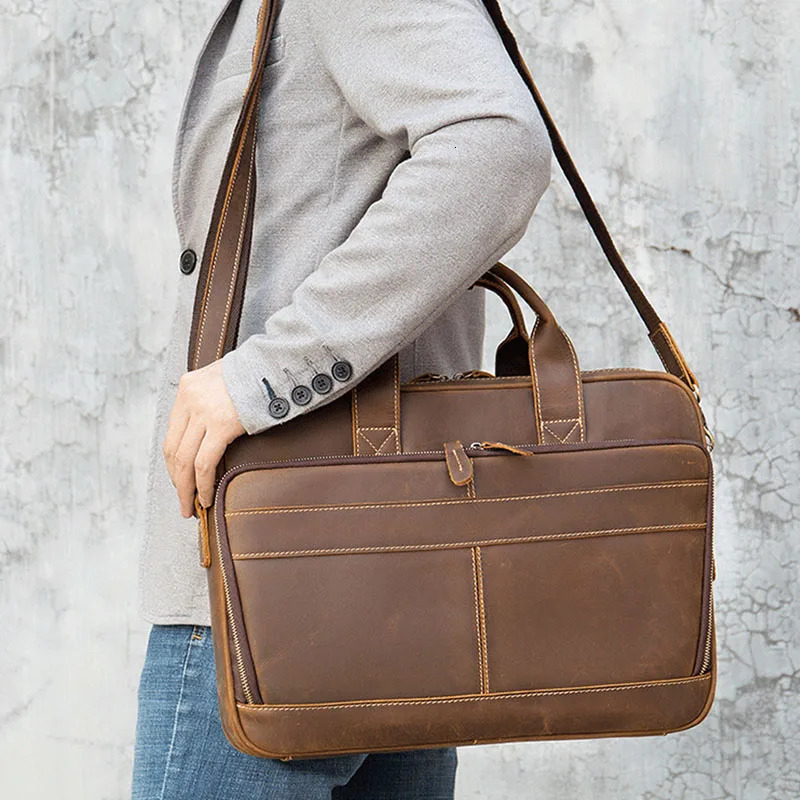 Luufan Crazy Horse Leather Briefcase For Man Cowhide Business Handbag Cow Leather 15.6 Laptop Portfolio Shoulder Messenger Bag 241225
