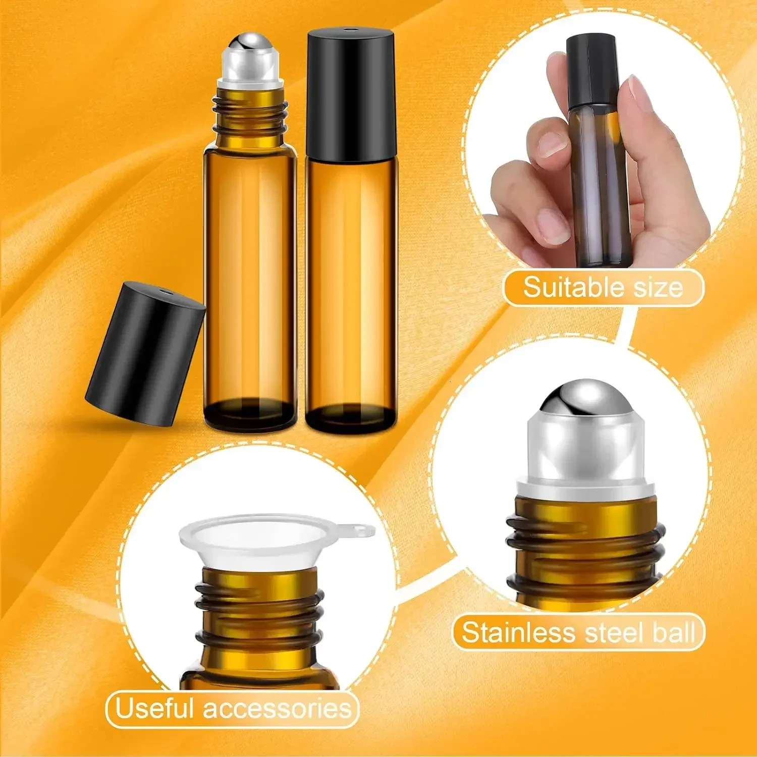 50/100 PCS 5/10ML Amber Roller Ball Essential Glass Oil Bottle Empty Perfume Roller Ball Refillable Liquid Container Makeup Tool 241225