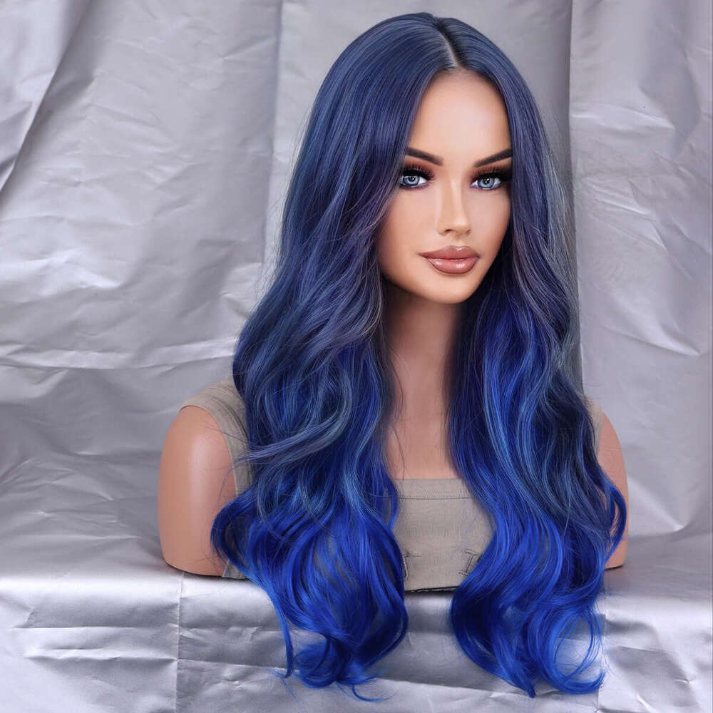 New Mid Split Blue Dyed Long Curly Synthetic High-Temperature Silk Wig Headband Hairwigs Kq1 Kq1