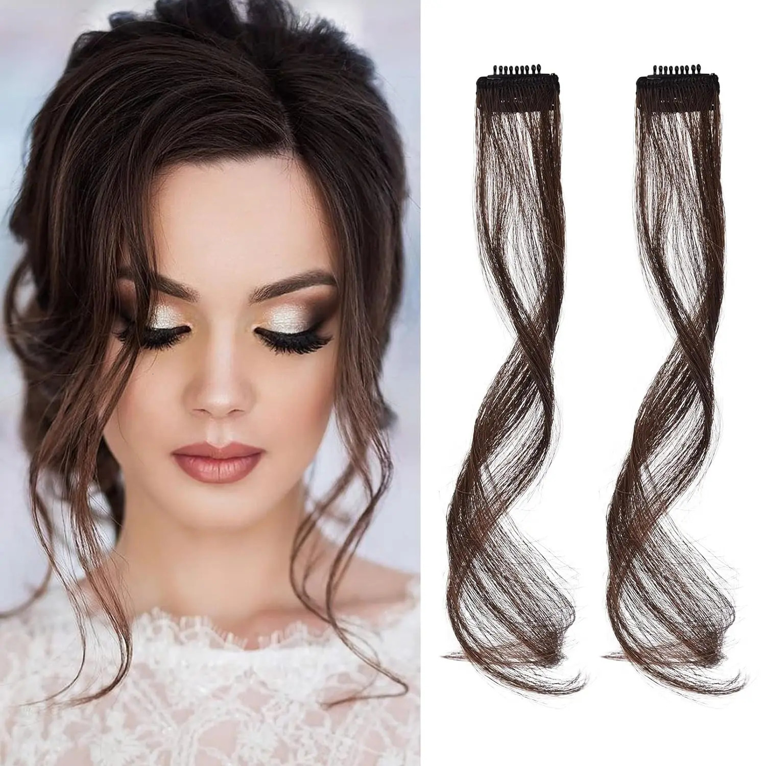 2PCS Clip in Bangs Front Side Hair Bangs Set Wavy Long Temples Synthetic Long Dragon beard Bangs Hair 12 inch 241225