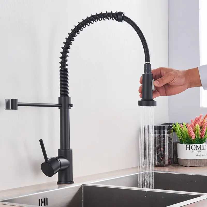 Matte black Pl kitchen faucet Chre dual-mode nozzle hot and cold water mixer crane faucet brass spring kitchen sink faucet Y241226