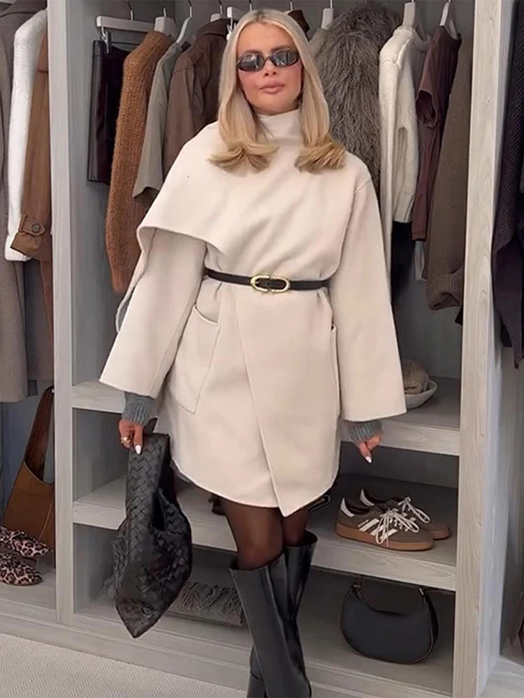 Scarf Neck Woolen Coat Turtleneck Overcoat Wool Blend Casual Simple Loose Shawl MidLength Womens Cashmere Outwear Winter 241225