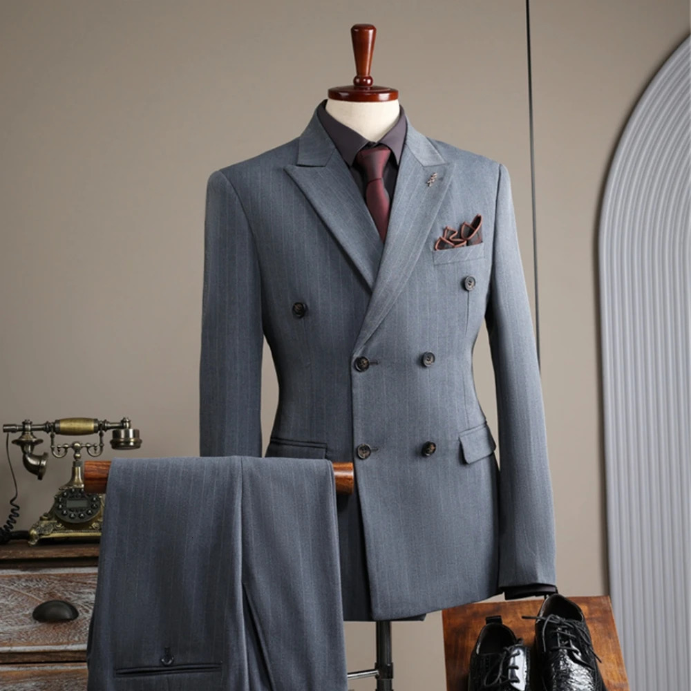 Mens Formal Suit Set Double Breasted Blazer with Matching Pants Slim Fitting Tuxedo Business Suits 2 Pieces Fashion 241223