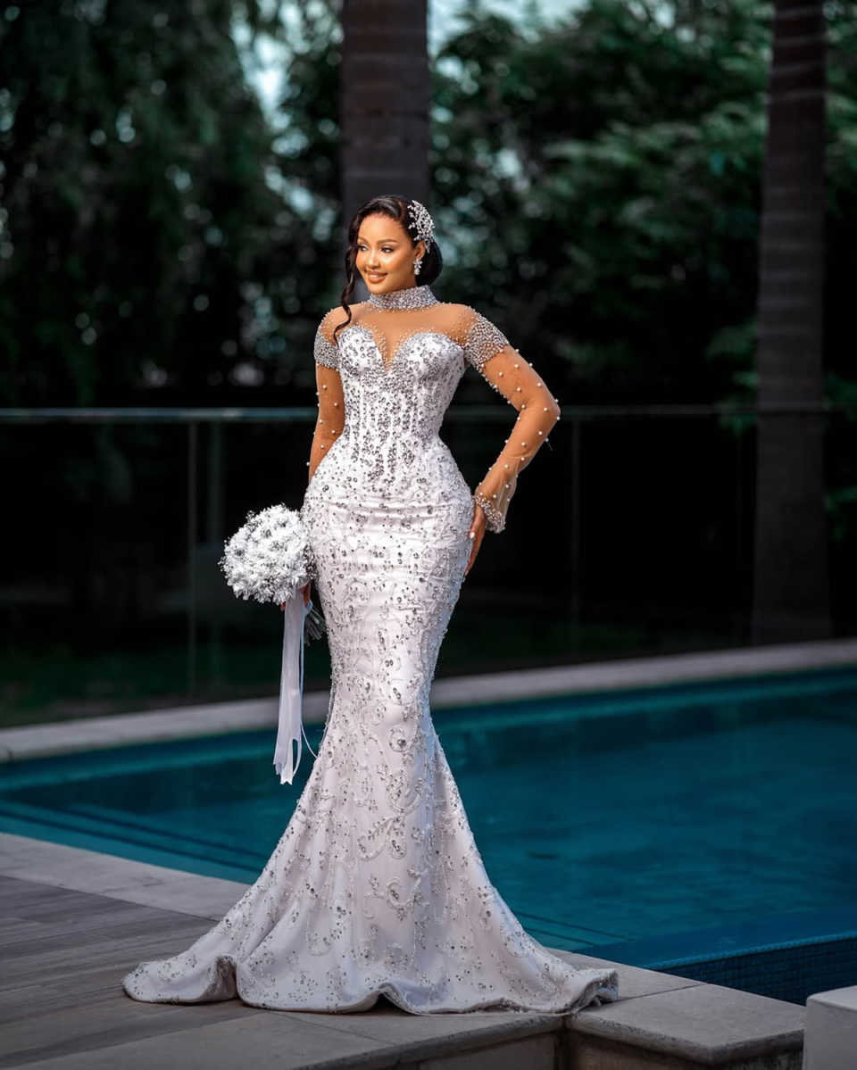 Mermaid Vintage Crystal Beading Wedding Dress Sexy Glitter Pearls Arabic Full Sleeve Bridal Gowns Robe De Soiree