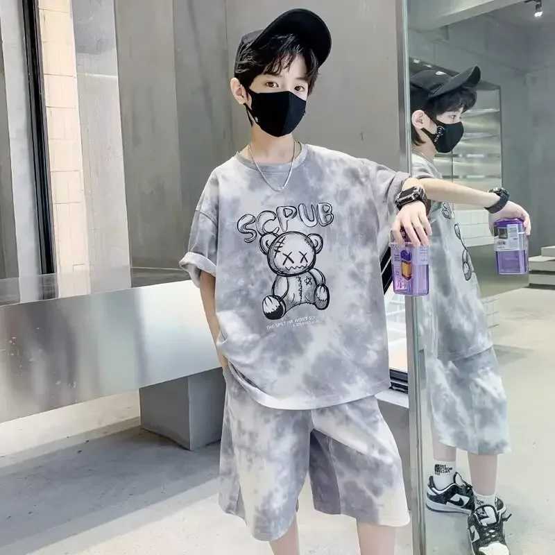 Clothing Sets Summer Children Boy Clothes Set Teenage Girls Tie Dye Tshirts and Shorts 2pcs Suit Kid Cartoon Bear Top Bottom Outfits TracksuitY2412250