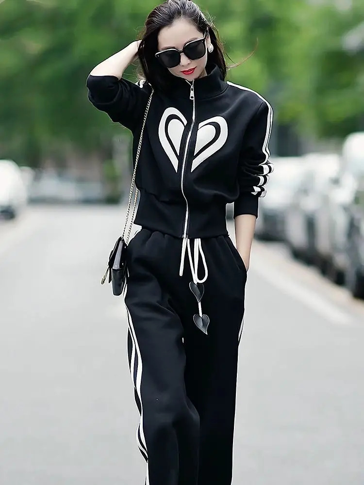 Spring High Quality Stand Up Neck Zipper Top Coat Wide Leg Pants Two Piece Fashion Casual Sports Set for Women 241220