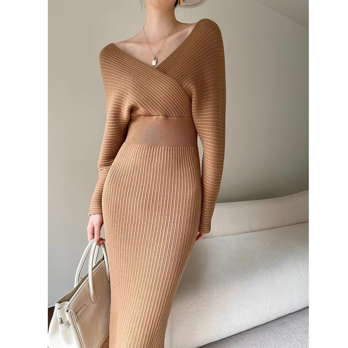 Knitted Sweater Dress Women Autumn Winter V-neck With Long Slim Knit Dresses Female High Waist Elegant Evening Party Dress 241224