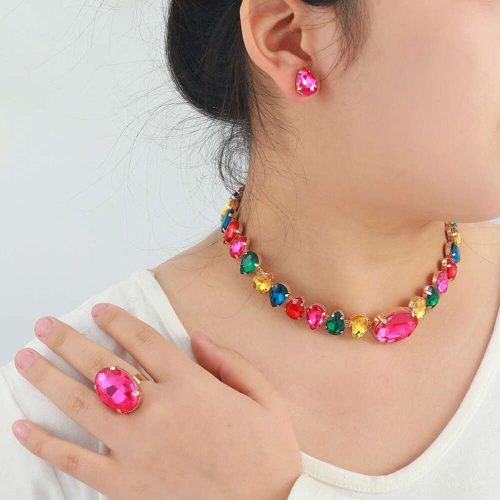 Colorful necklaces, earrings, rings, women's three piece set, trendy rhie inlaid jewelry