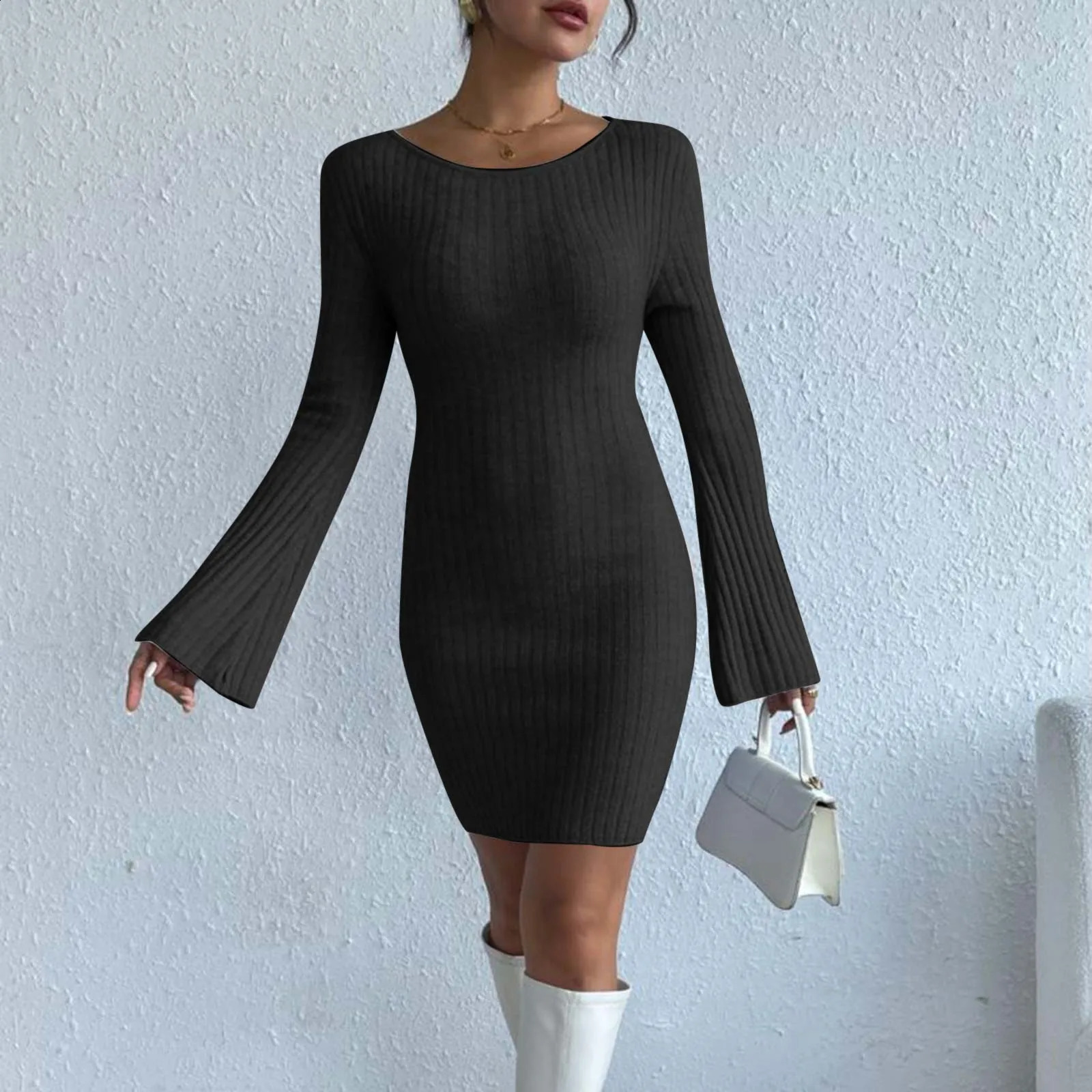 Solid Color High Quality Knitted Backless Dresses for Women Autumn Winter Elegant Long Sleeve Bodycon Casual Mini Dress 241224