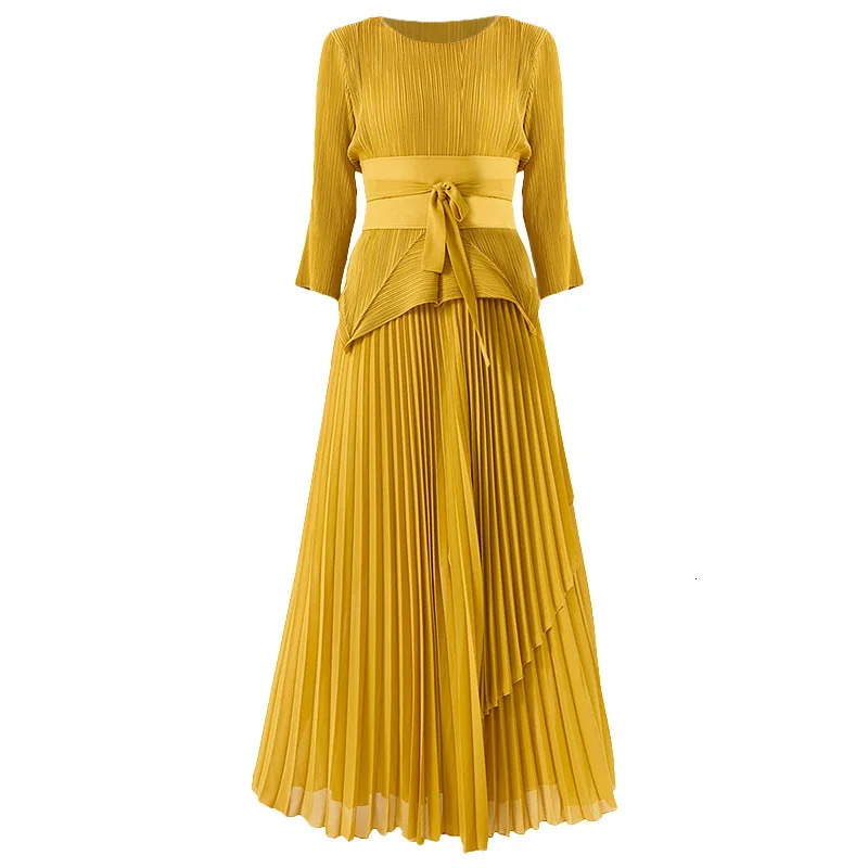 Women Pleated 2 Pieces Set 2025 Spring Holiday Bandage Belt Ruffles Stretch Irregular TopElastic Waist Long Skirt Suit Outfits 241220