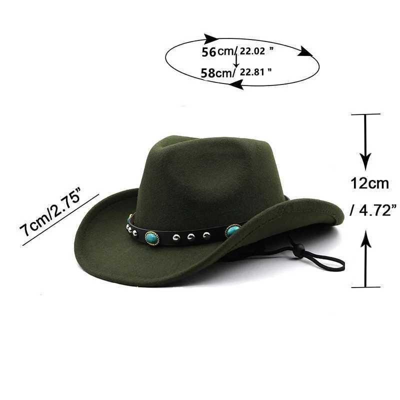 Windproof rope gemstone strap Western cowboy hat mens fashion Fedora top hat ethnic style cowboy girl Felt C outdoor sun hat W241225