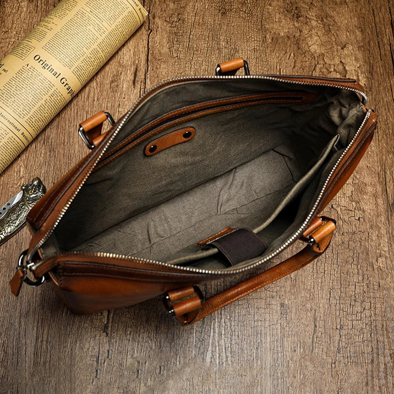 Mens Vintage Handmade Genuine Leather Handbag Plant Tanning Head Layer Cowhide Briefcase Business Computer Bag Men Shoulder Bag 241225
