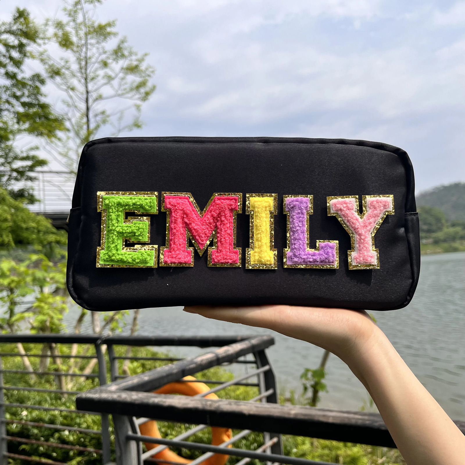 Personalized Chenille Embroidery High Capacity Makeup Bag Nylon--UP TO 5 LETTERS--Waterproof Travel Toiletry Bag for Women Girl 241226