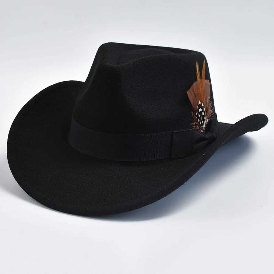 Mens Wool Blended Feather Hat Curled Brim Mens Cowboy Hat W241225