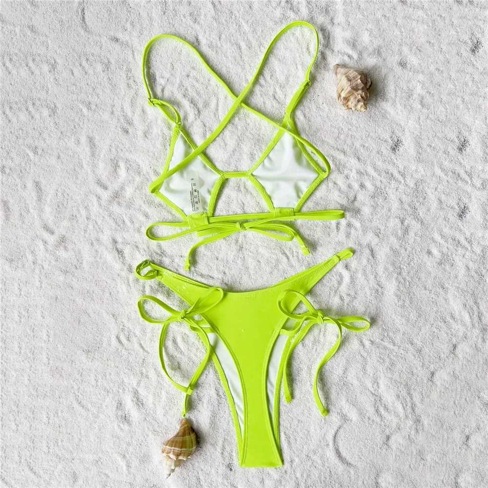Sexy neon green striped lace micro thong swimsuit womens bikini set hollow swimsuit bikini without printing agentW241225